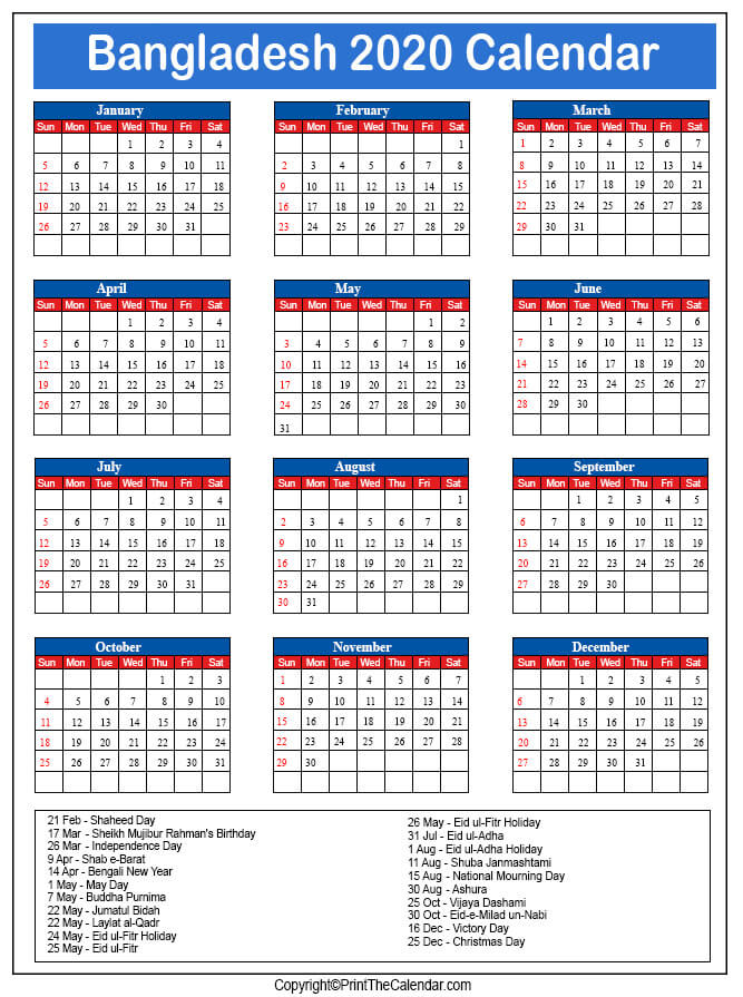 Bangladesh Printable Calendar 2020